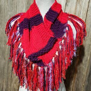 NEW Hand Knitted Turquoise Red Purple Infinity Boho Cowl Scarf Fringe Knit